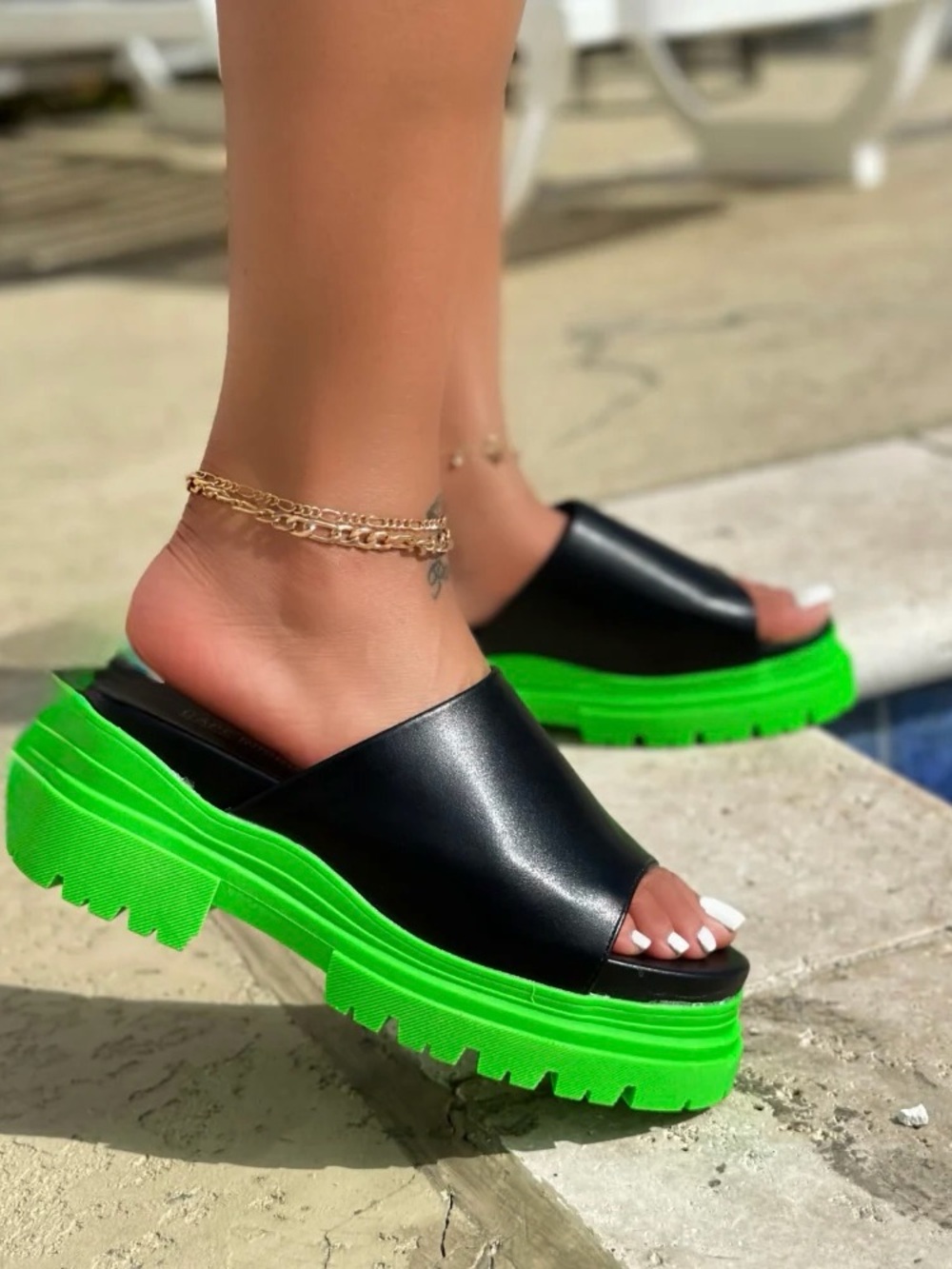 Cape Robbin Black Slide Sandals with Neon Green Platform